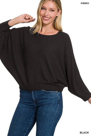 RIBBED BATWING LONG SLEEVE BOAT NECK SWEATER ZENANA BLACK S 