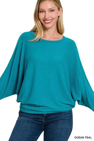 RIBBED BATWING LONG SLEEVE BOAT NECK SWEATER ZENANA OCEAN TEAL S 