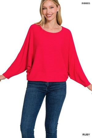 RIBBED BATWING LONG SLEEVE BOAT NECK SWEATER ZENANA RUBY S 