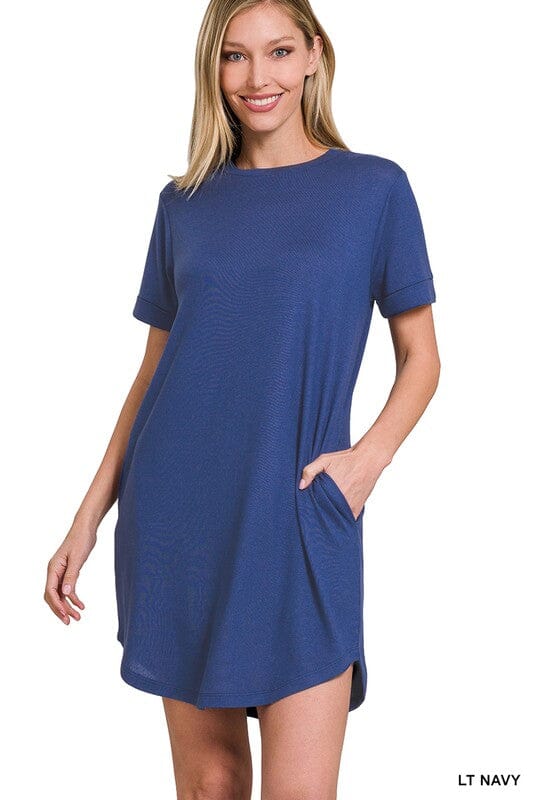 ROLLED SHORT SLEEVE ROUND NECK DRESS ZENANA LT NAVY S 