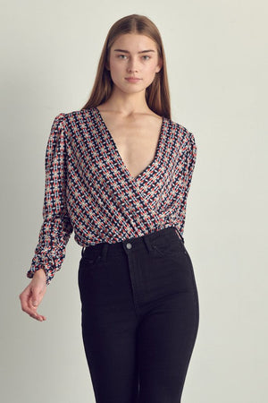 Ruched long sleeve surplice bodysuit Miley + Molly Navy Combo L 