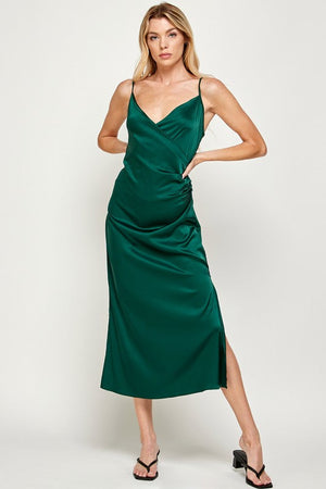 RUCHED WRAP SATIN MIDI DRESS Sans Souci Hunter Green Large 