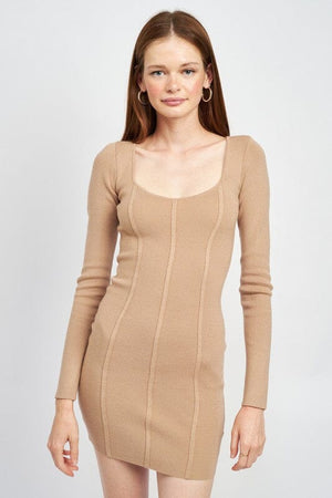 SCOOP NECK MINI DRESS WITH PIPING DETAIL Emory Park TAN S 
