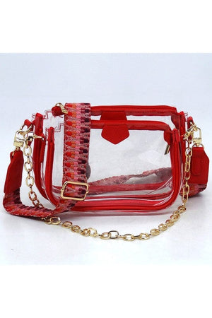 See Thru Clear 2-in-1 Crossbody Bag Guitar Strap Fashion World Red one 