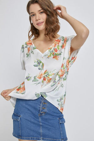 Short dolman sleeve floral santin blouse top Miley + Molly White S 