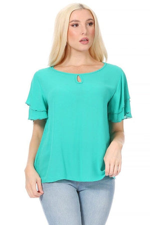 Short flutter sleeve round neck keyhole blouse. Moa Collection Jade S 