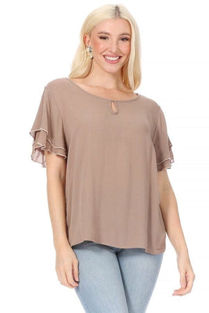 Short flutter sleeve round neck keyhole blouse. Moa Collection Taupe S 
