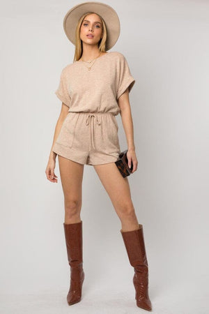 SHORT ROLL-UP SLEEVE ELASTIC WAIST ROMPER Gilli TAN S 