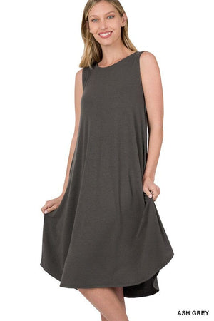 SLEEVELESS ROUND NECK ROUND HEM MIDI DRESS ZENANA ASH GREY S 