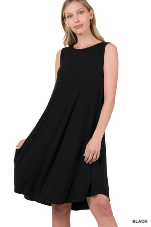 SLEEVELESS ROUND NECK ROUND HEM MIDI DRESS ZENANA BLACK S 