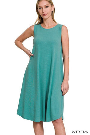 SLEEVELESS ROUND NECK ROUND HEM MIDI DRESS ZENANA DUSTY TEAL S 