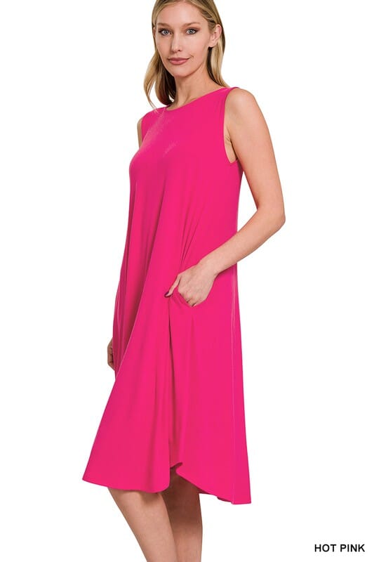 SLEEVELESS ROUND NECK ROUND HEM MIDI DRESS ZENANA ROSE S 