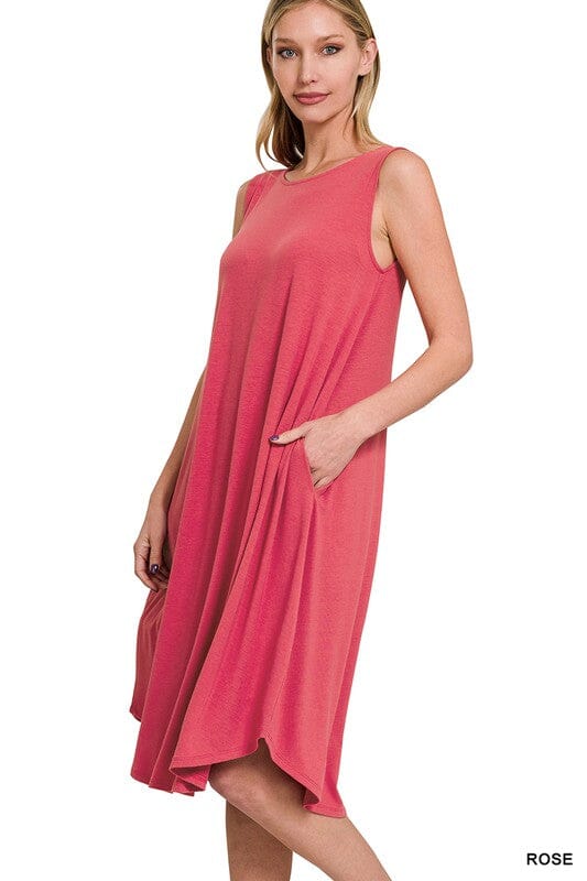 SLEEVELESS ROUND NECK ROUND HEM MIDI DRESS ZENANA ROSE S 