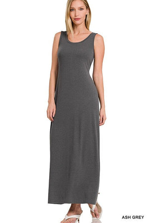 SLEEVESS FLARED SCOOP NECK MAXI DRESS ZENANA ASH GREY S 