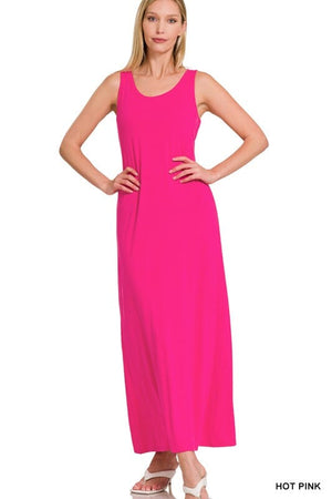 SLEEVESS FLARED SCOOP NECK MAXI DRESS ZENANA HOT PINK S 