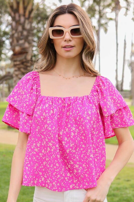SMOCKED SQUARE NECK FLORAL BLOUSE WITH OPEN BACK Lumiere FUCHSIA/BLUSH S 
