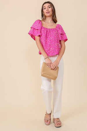 SMOCKED SQUARE NECK FLORAL BLOUSE WITH OPEN BACK Lumiere 
