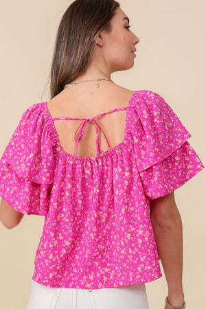 SMOCKED SQUARE NECK FLORAL BLOUSE WITH OPEN BACK Lumiere 