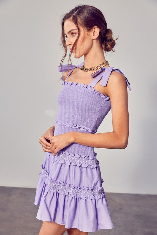 SMOCKED TIERED DRESS Do + Be Collection LAVENDER L 