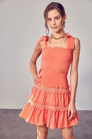SMOCKED TIERED DRESS Do + Be Collection CORAL L 