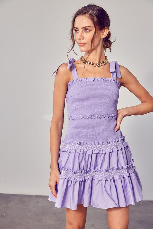 SMOCKED TIERED DRESS Do + Be Collection LAVENDER L 