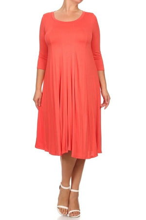 Solid, 3/4 sleeve midi dress Moa Collection Coral XL 