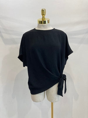 Solid blouse top with round neck and tie up side Miley + Molly Black S 