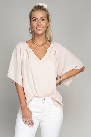 Solid Notched Neck Blouse Nuvi Apparel Beige s 