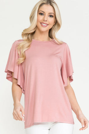 Solid Short Butterfly Sleeve Round Neck Top Acting Pro Dusty pink L 