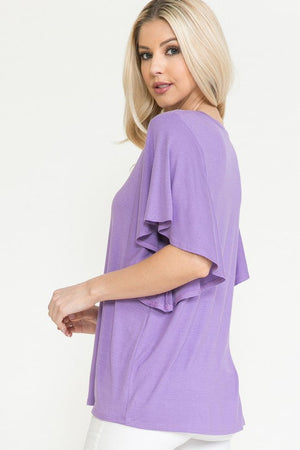 Solid Short Butterfly Sleeve Round Neck Top Acting Pro LAVENDER L 