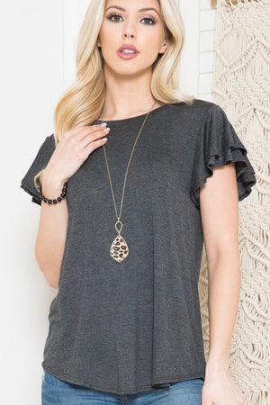 Solid Short Flutter Sleeve Top Acting Pro Charcoal L 