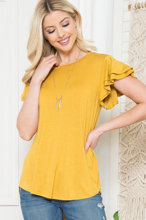 Solid Short Flutter Sleeve Top Acting Pro Mustard L 