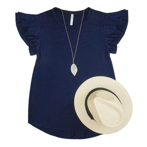 Solid Short Flutter Sleeve Top Acting Pro Navy L 