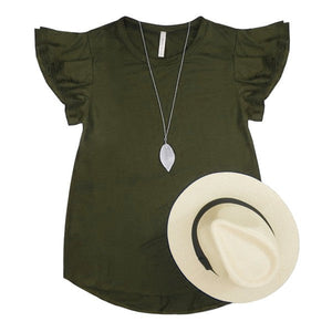 Solid Short Flutter Sleeve Top Acting Pro Olive L 