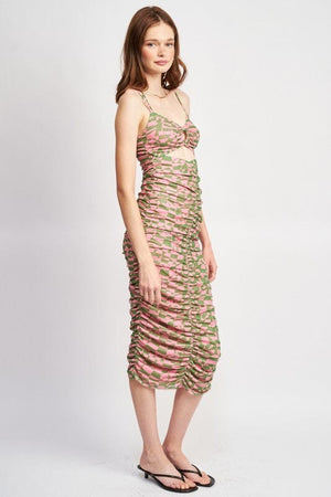 SPAGHETTI STRAP RUCHED DRESS WITH CUT OUT Emory Park 