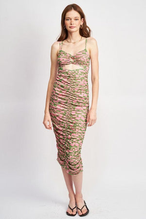 SPAGHETTI STRAP RUCHED DRESS WITH CUT OUT Emory Park PINK-GREEN S 