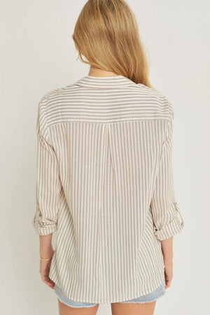 Striped Roll Up Sleeve Button Down Blouse Shirts Love Tree 