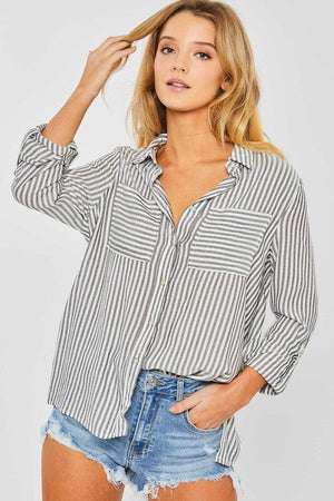 Striped Roll Up Sleeve Button Down Blouse Shirts Love Tree BLACK S 