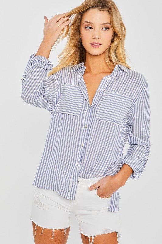 Striped Roll Up Sleeve Button Down Blouse Shirts Love Tree BLUE S 
