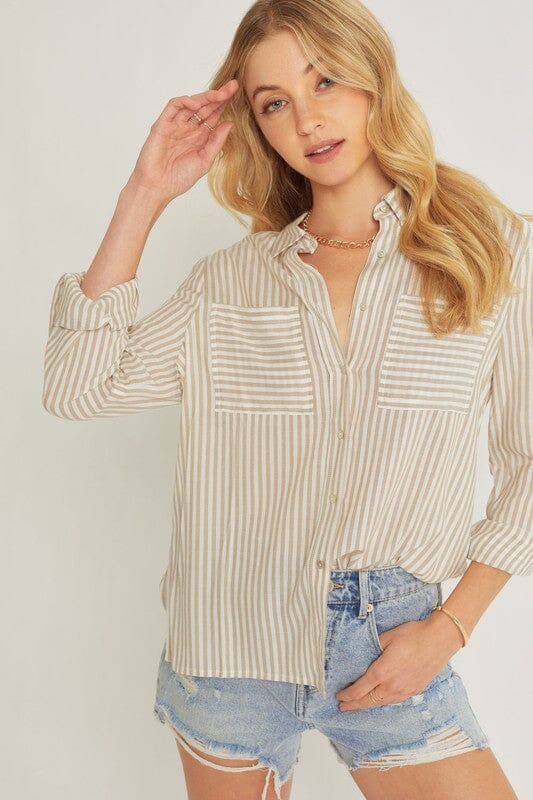 Striped Roll Up Sleeve Button Down Blouse Shirts Love Tree BLUE S 