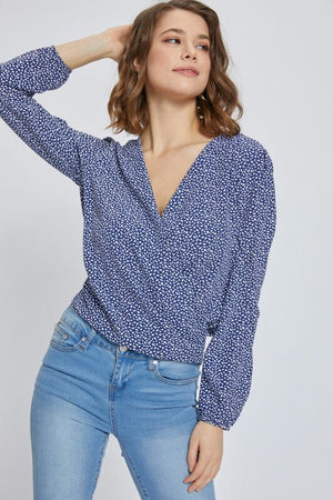 Surplice long sleeve blouse top with printed Miley + Molly Navy S 