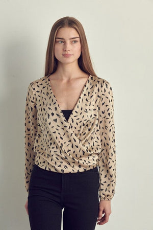 Surplice long sleeve in satin blouse top Miley + Molly taupe S 