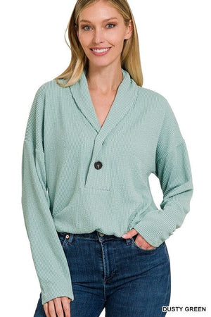 TEXTURED LINE ELASTIC WAIST PULLOVER TOP ZENANA DUSTY GREEN S 