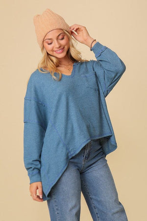 thermal high low vneck oversized top TIMING 2 TONE BLUE S 