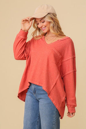 thermal high low vneck oversized top TIMING 2 TONE PAPAYA S 