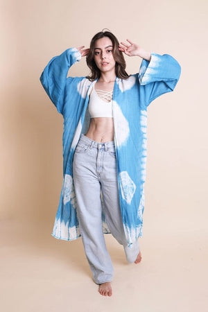 Tie Dye Longline Kimono with Full Sleeves Leto Accessories Aqua One Size 