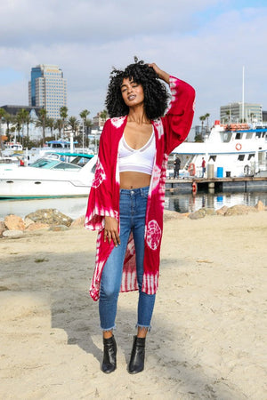 Tie Dye Longline Kimono with Full Sleeves Leto Accessories Berry One Size 