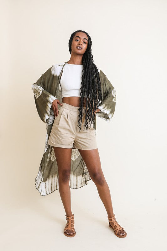 Tie Dye Longline Kimono with Full Sleeves Leto Accessories Olive One Size 