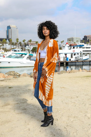 Tie Dye Longline Kimono with Full Sleeves Leto Accessories Rust One Size 