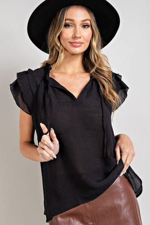 TIERED RUFFLE SLEEVE SHORT SLEEVE BLOUSE eesome BLACK S 